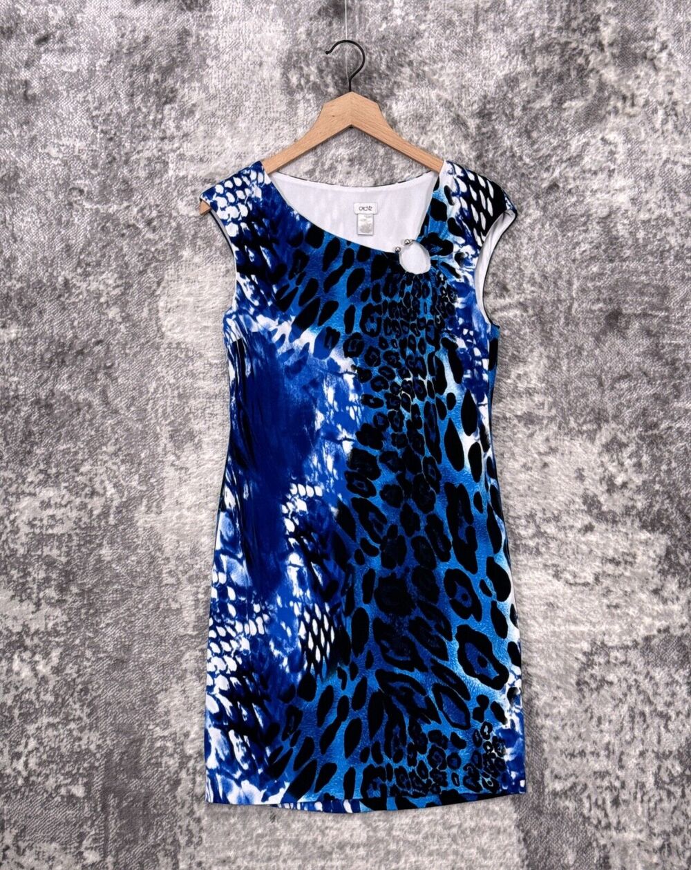 Cache Dress 12 Womens Blue Abstract Leopard Sheath Cocktail